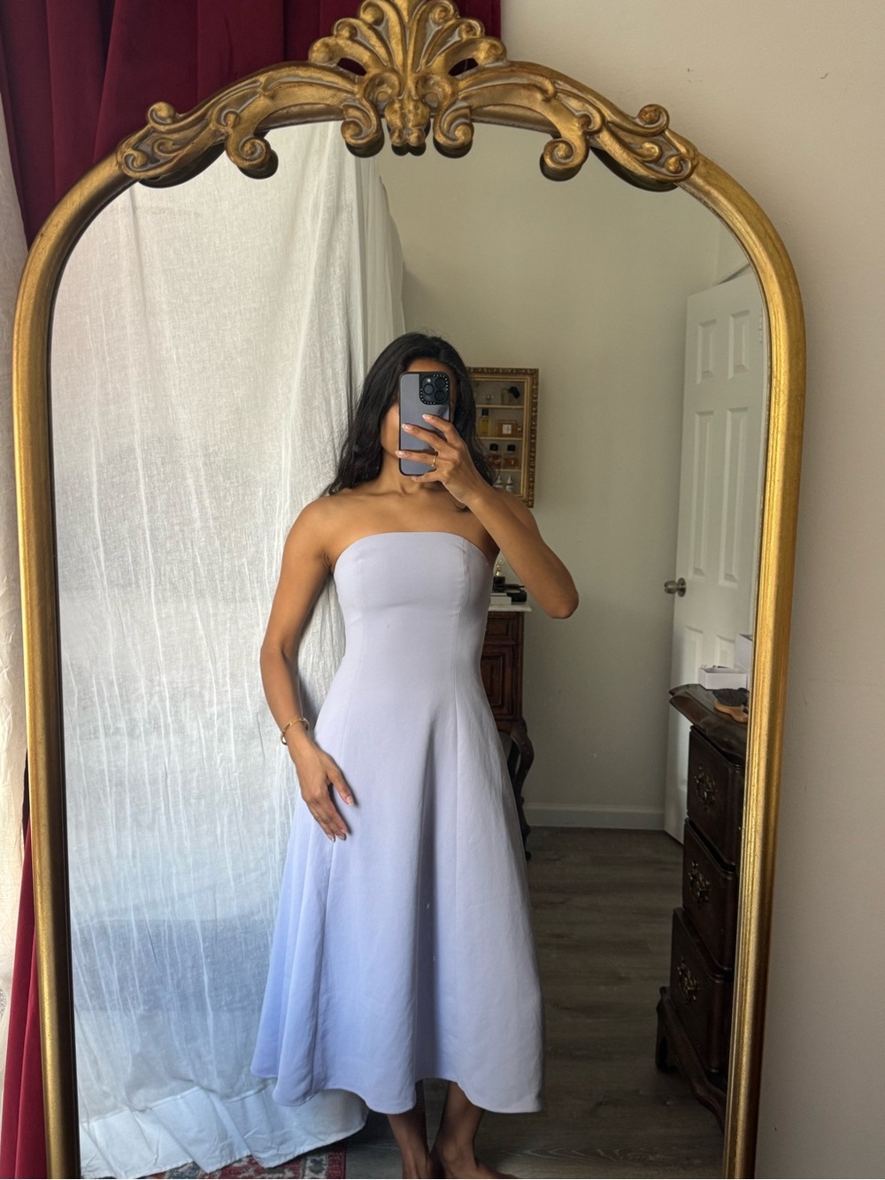 Aritzia Strapless Lavender Crepette A-Line Midi Dress